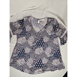 Stem & Vine Women's 2X Navy Paisley Short Sleeve Keyhole Blouse Plus Size 2x